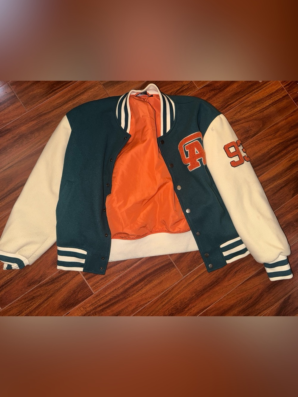 Forever 21 Two-Tone Varsity Jacket in Teal, Cream & Orange